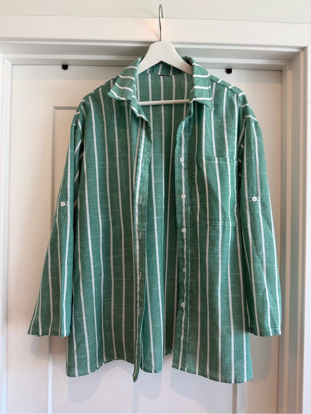 Green and White Striped Button-Up Shirt